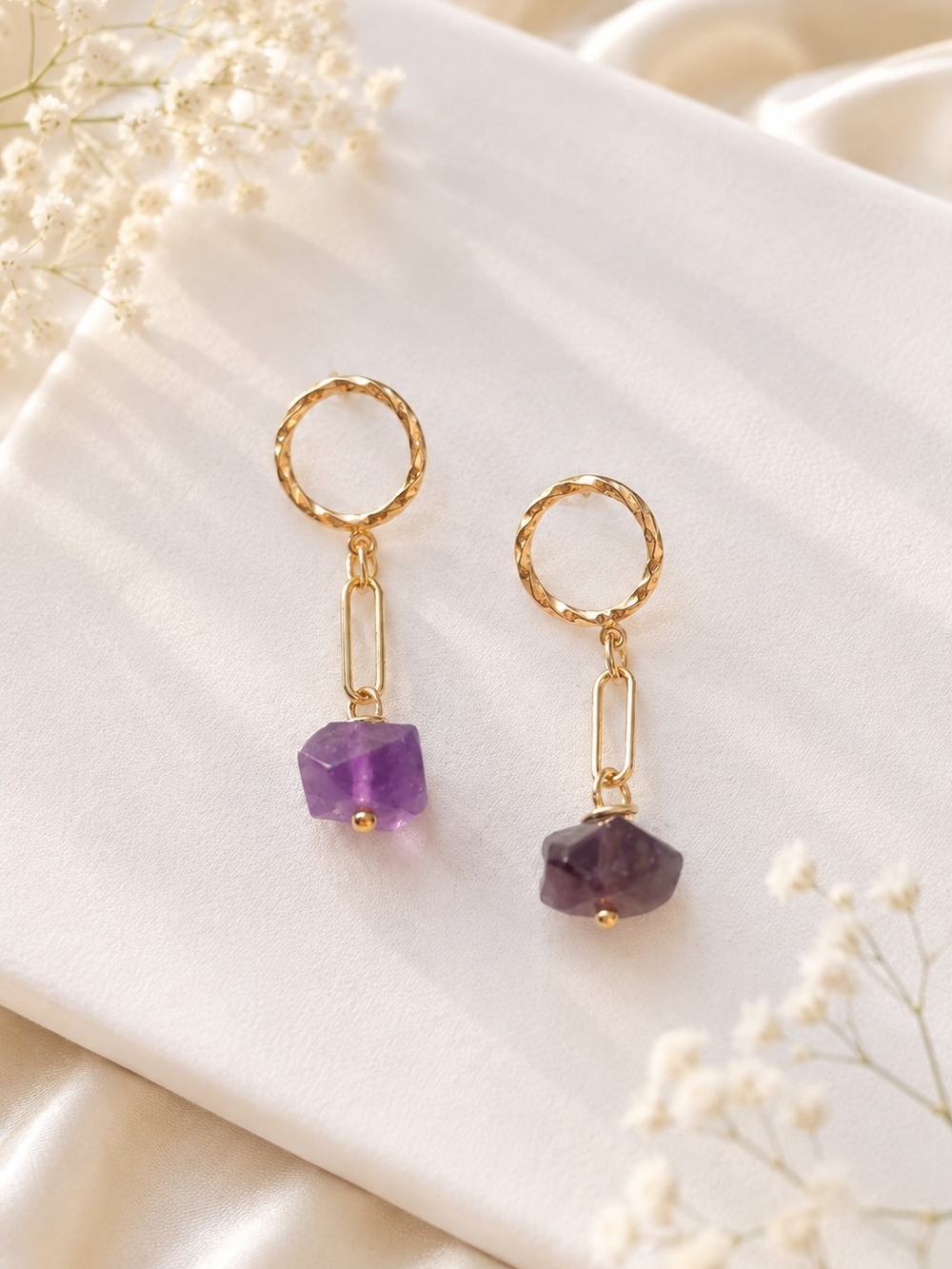 Gold Drop Earrings with Purple Amethyst Beads